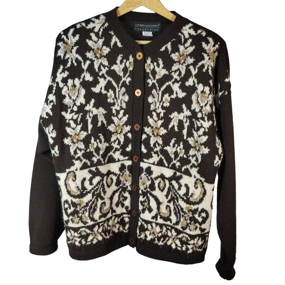 Lauren Alexandra Cardigan Sweater Brown Cream Large Floral Gold Fleck Button VTG - Picture 1 of 7